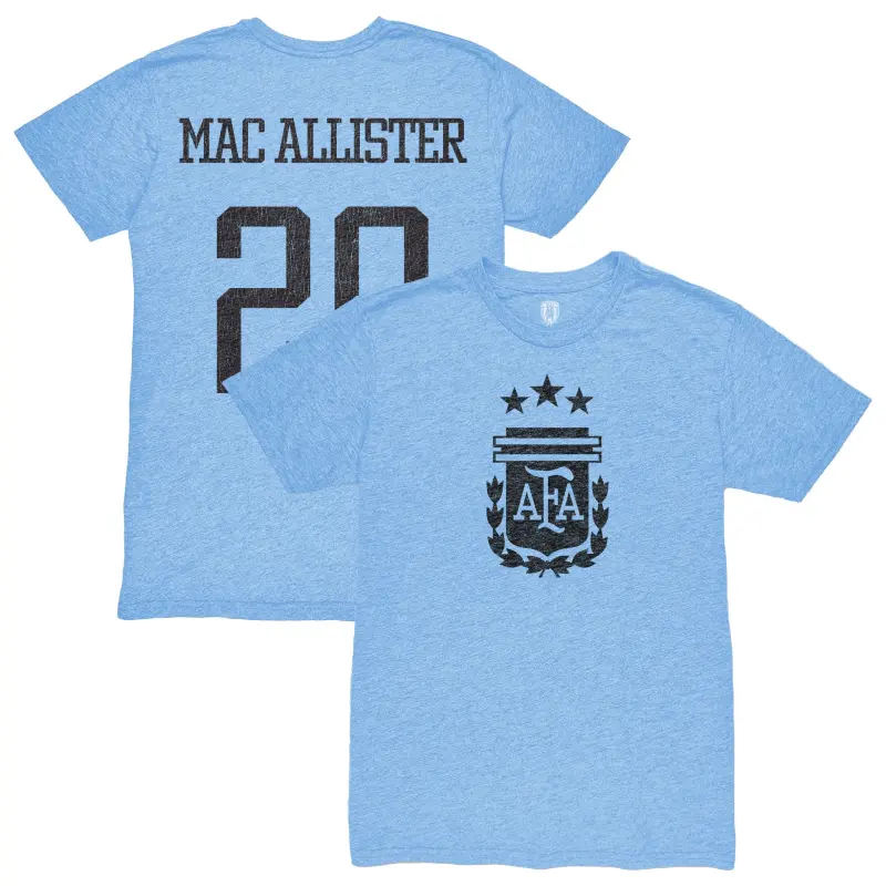 US Football Jerseys Alexis Mac Allister Argentina National Team 1863FC Player Retro Tri-Blend T-Shirt – Light Blue– Official NFL Jerseys & Sportswear